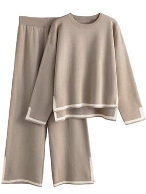 Women's Knit Two Piece Lounge Set - Long Sleeve Sweater Top and Wide Leg Pants